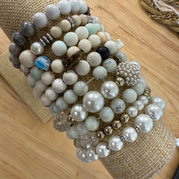 White Beaded Stretch Bracelet Stack Set Of 10 For Women Wearable Or Craft - Picture 10 of 13